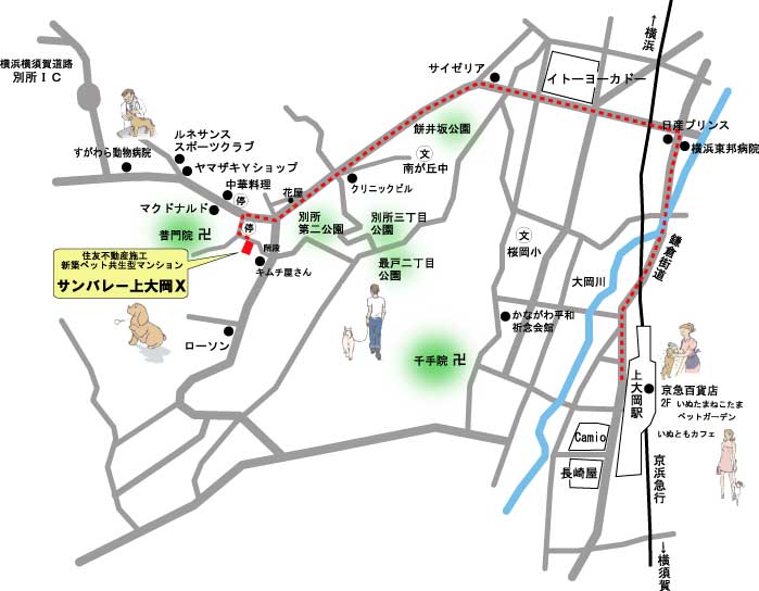 神奈川県横浜市上大岡のペット可(犬猫)ペット共生賃貸マンション サンバレー上大岡10の現地案内図