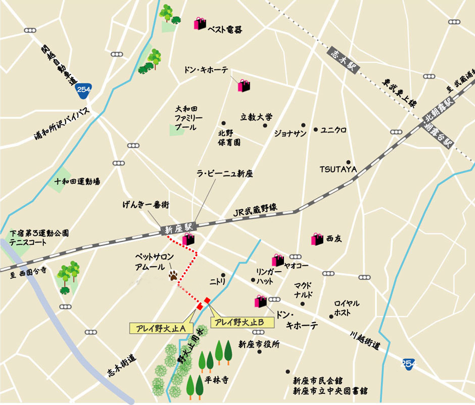 埼玉県新座市のペット可(犬 猫)ペット共生賃貸マンション JR武蔵野線 新座駅周辺マップ