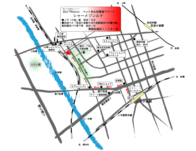 ペットと住める新築アパート　ＪＲ総武線「小岩」駅徒歩18分　シャーメゾンルナ　現地案内図