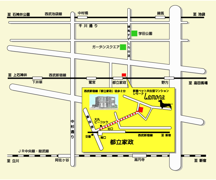 ペット共生型マンション　西武新宿線「都立家政」徒歩２分　レモーナ　現地案内図
