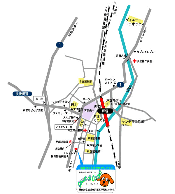 ペットと住める新築マンション　ＪＲ・横浜市営地下鉄「戸塚」駅西口徒歩７分　コート ディ コーヤ　現地案内図